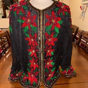 Laurence Kazar Sequin Beaded Embellished Christmas Poinsettia Sweater M Jacket